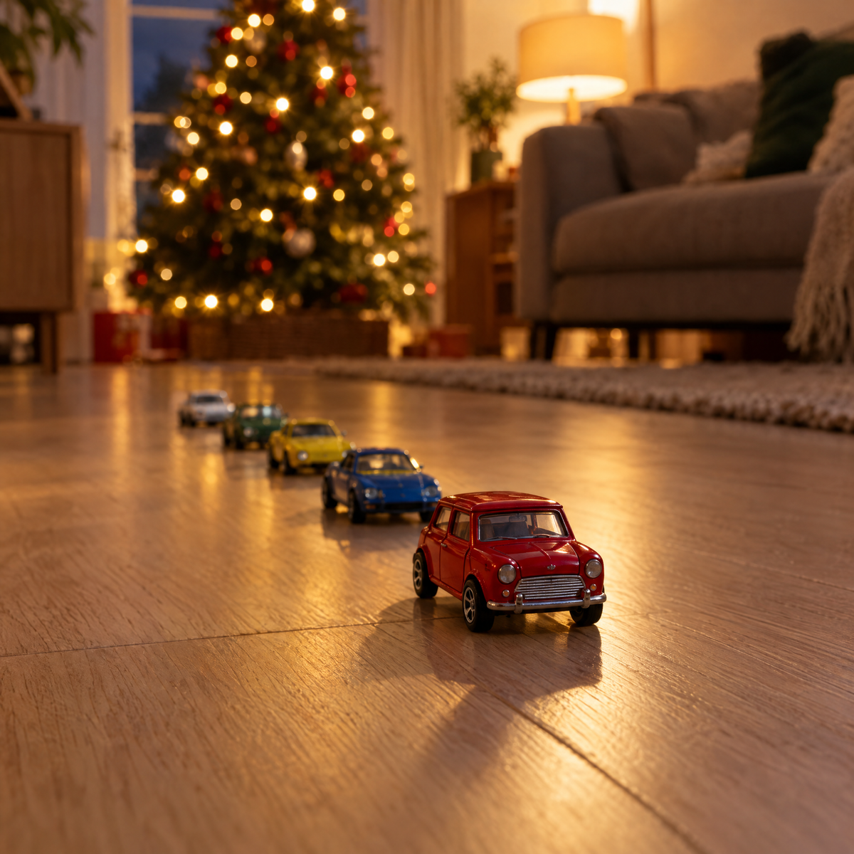 Rood speelgoedautootje voorop een rij autootjes op de houten vloer met de kerstboom onscherp erachter