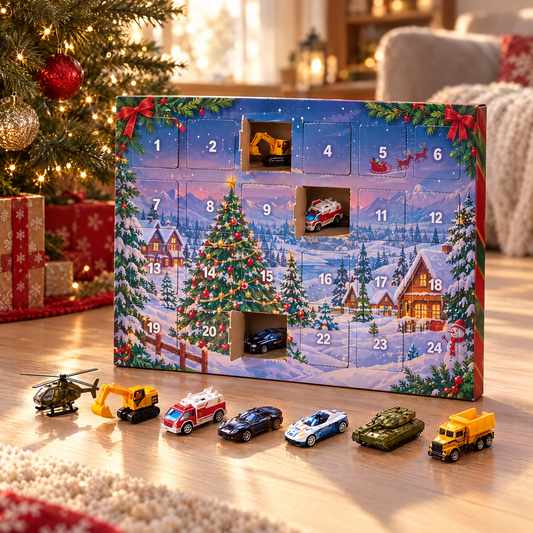 RaceDagen adventskalender op de vloer bij de kerstboom met zeven autootjes ervoor