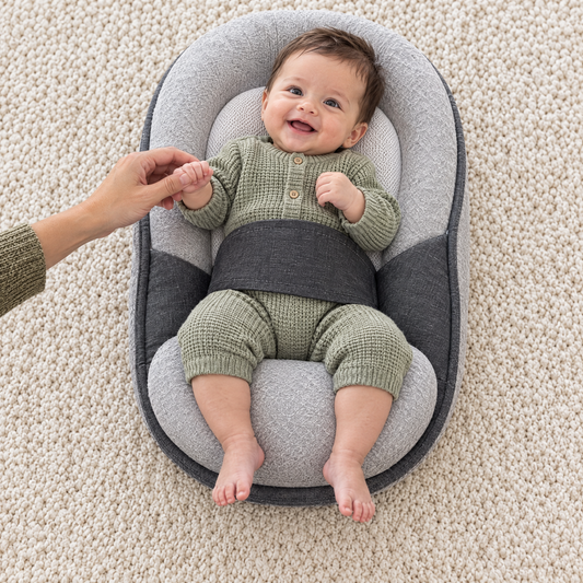 Lachende, wakkere baby in CloudCare van bovenaf, voetjes over de rand