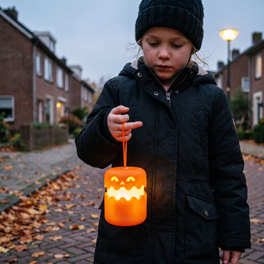 Meisje met de SpookLampion aan het koord in haar hand, op straat in de schemering
