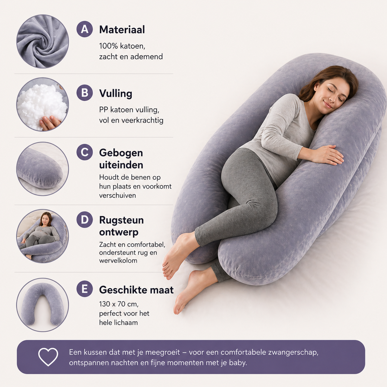 Oreiller de grossesse DreamNest™ 130×70 cm