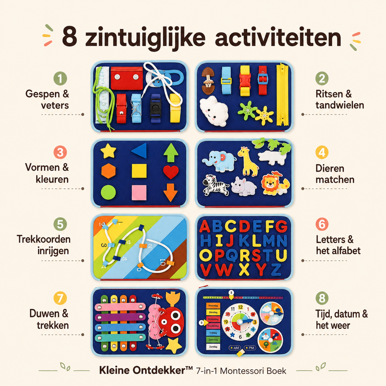 Kleine Ontdekker™ 7-in-1 Montessori Boek - Leren, voelen en ontdekken met plezier