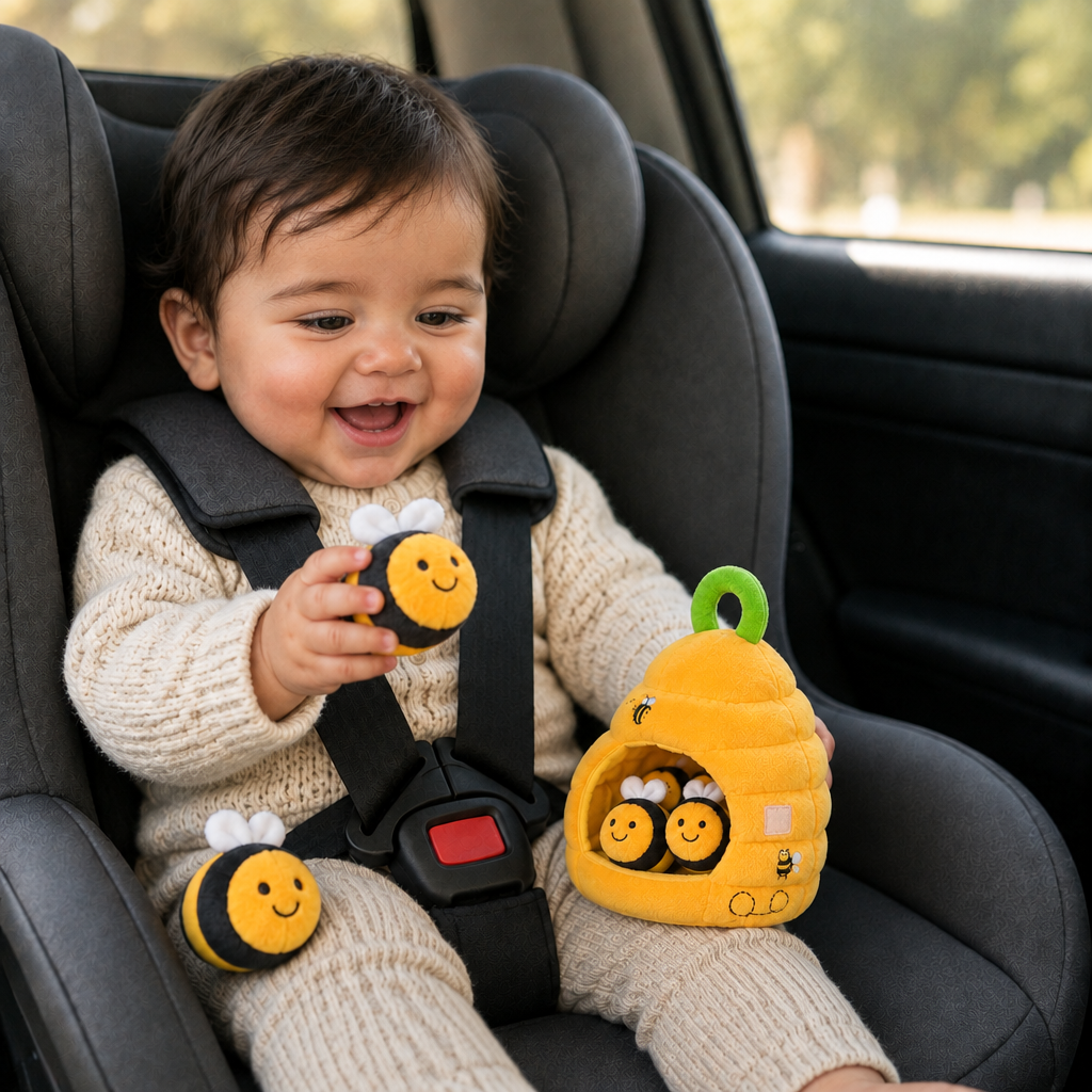 Baby met de bijenkorf onderweg in de auto