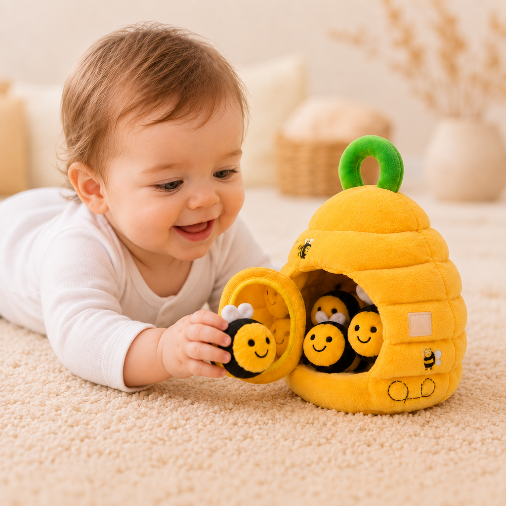 Baby speelt met de bijenkorf op een speelkleed