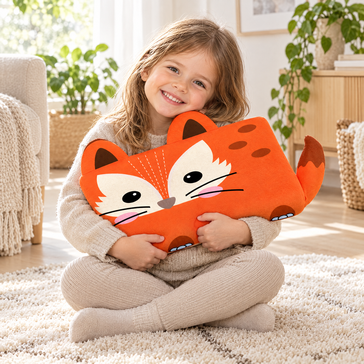 Meisje knuffelt het vossenkussen op een vloerkleed
