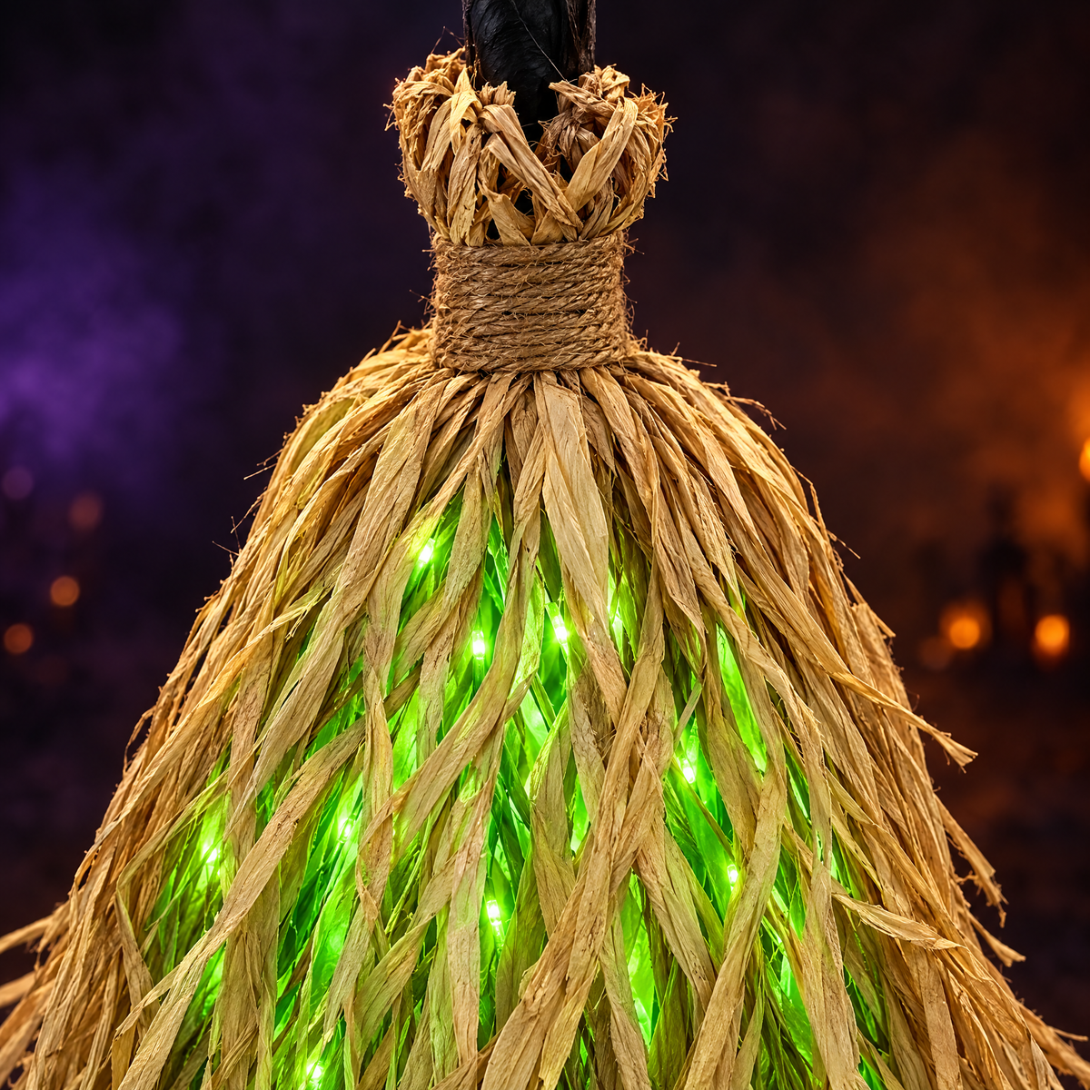 Close-up van de raffia borstel met groene lampjes