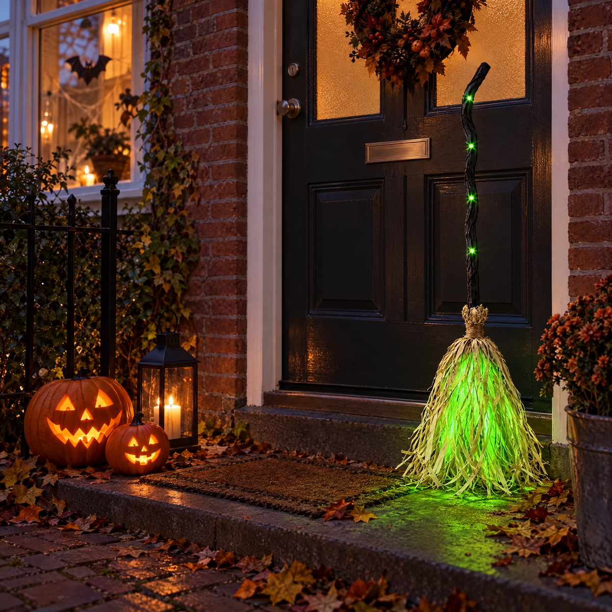 De heksenbezem gloeit groen naast de voordeur op Halloween