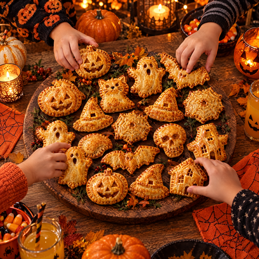 Schaal met Halloween-taartjes en kinderhandjes die pakken