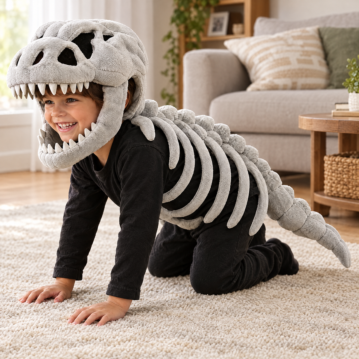 Jongen kruipt als dino over het vloerkleed