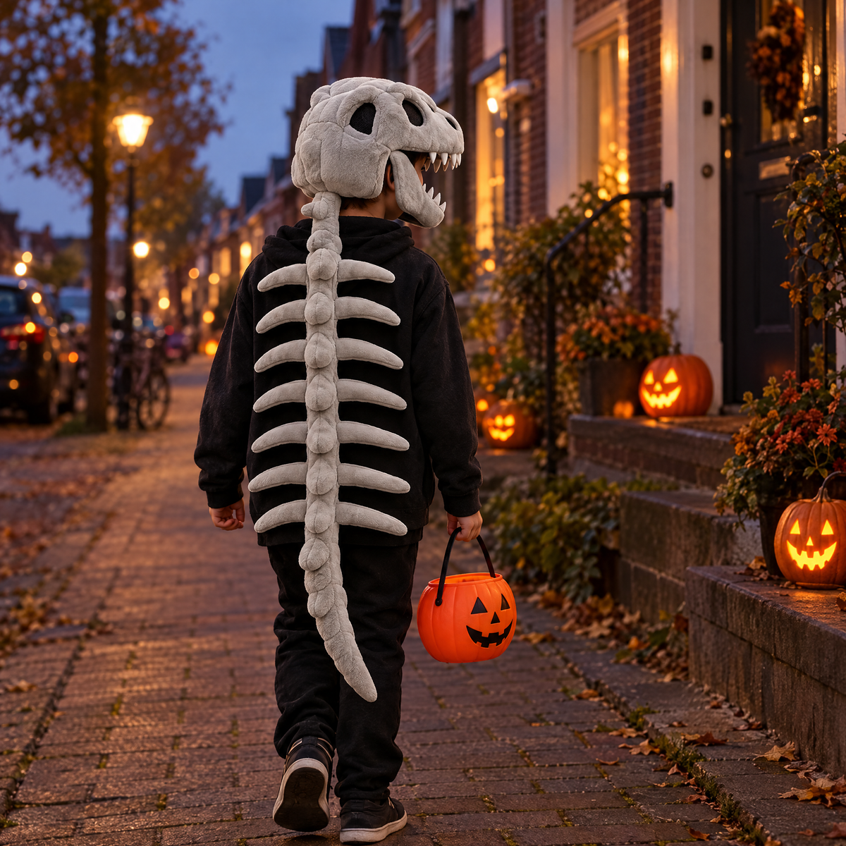 Jongen in het dinoskelet kostuum op Halloweenavond, van achteren
