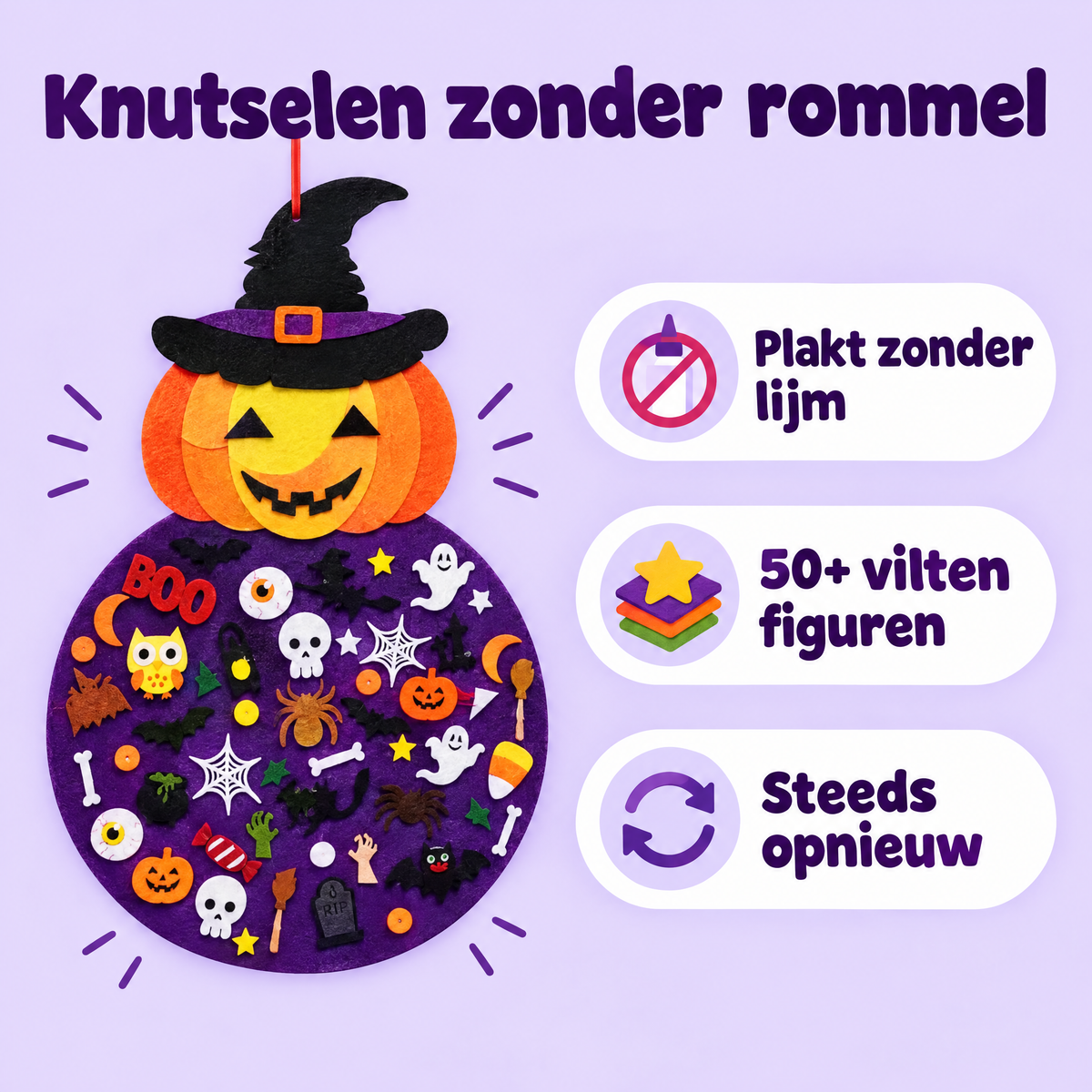 Plakt zonder lijm, meer dan 50 vilten figuren, steeds opnieuw