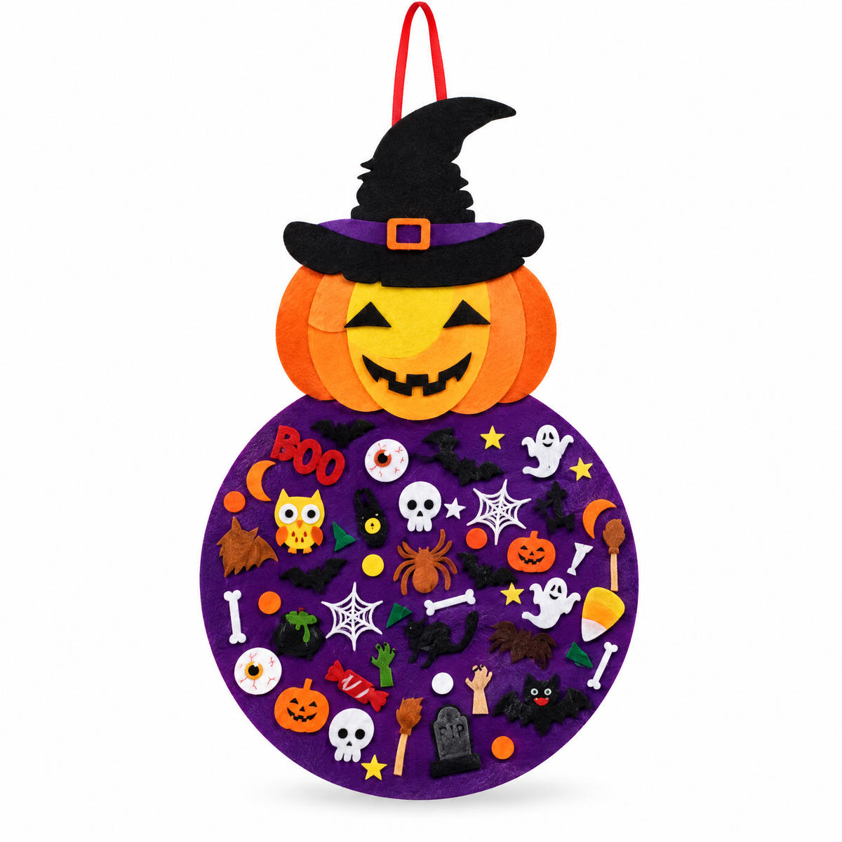 Halloween viltbord met pompoen, heksenhoed en vilten figuren