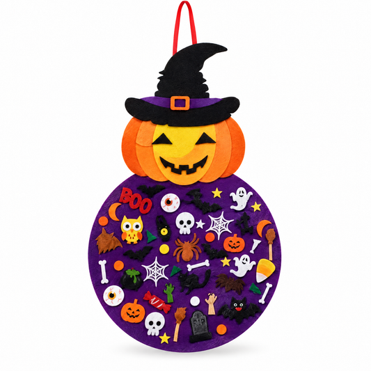 Halloween viltbord met pompoen, heksenhoed en vilten figuren