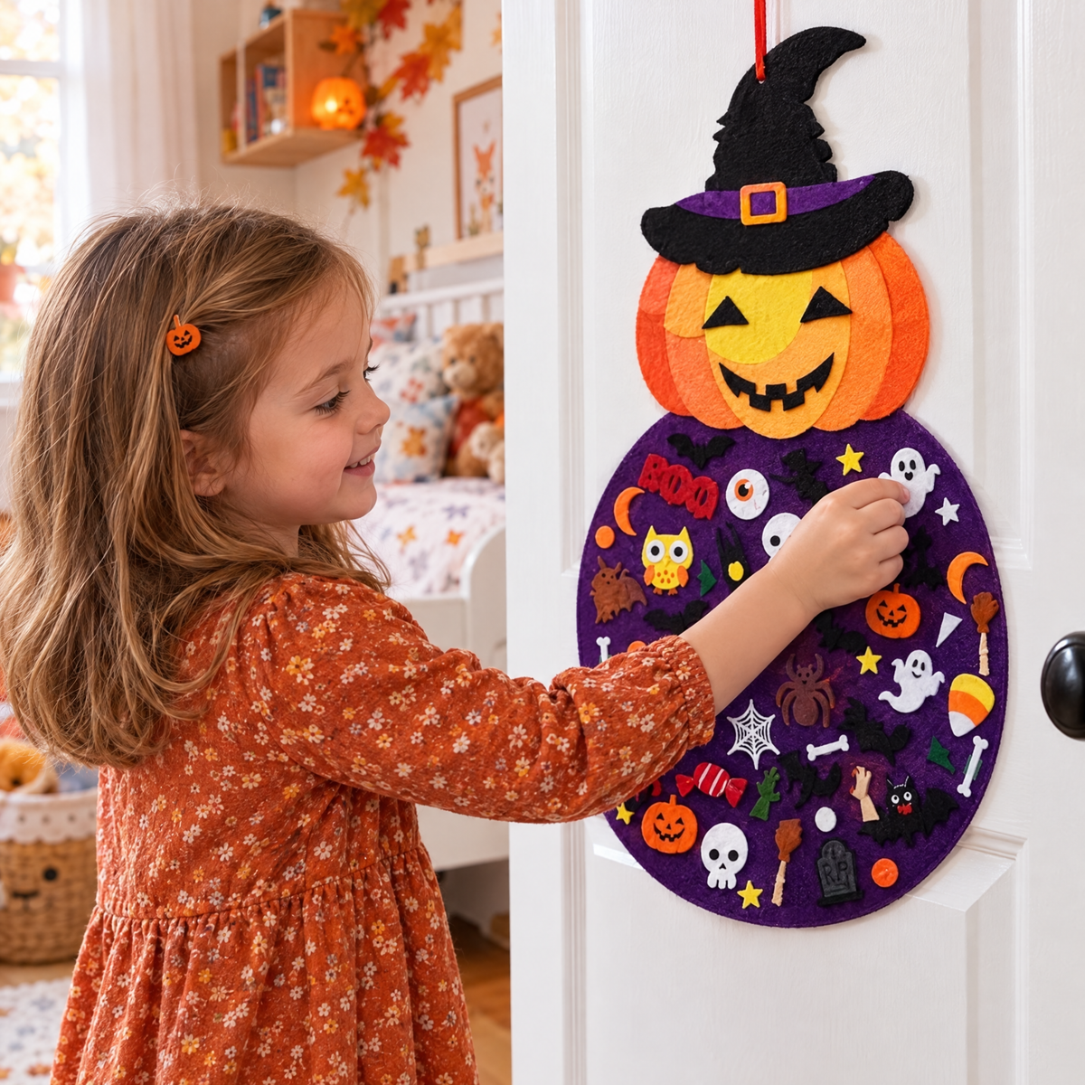 Meisje plakt een vilten spookje op het bord aan de deur