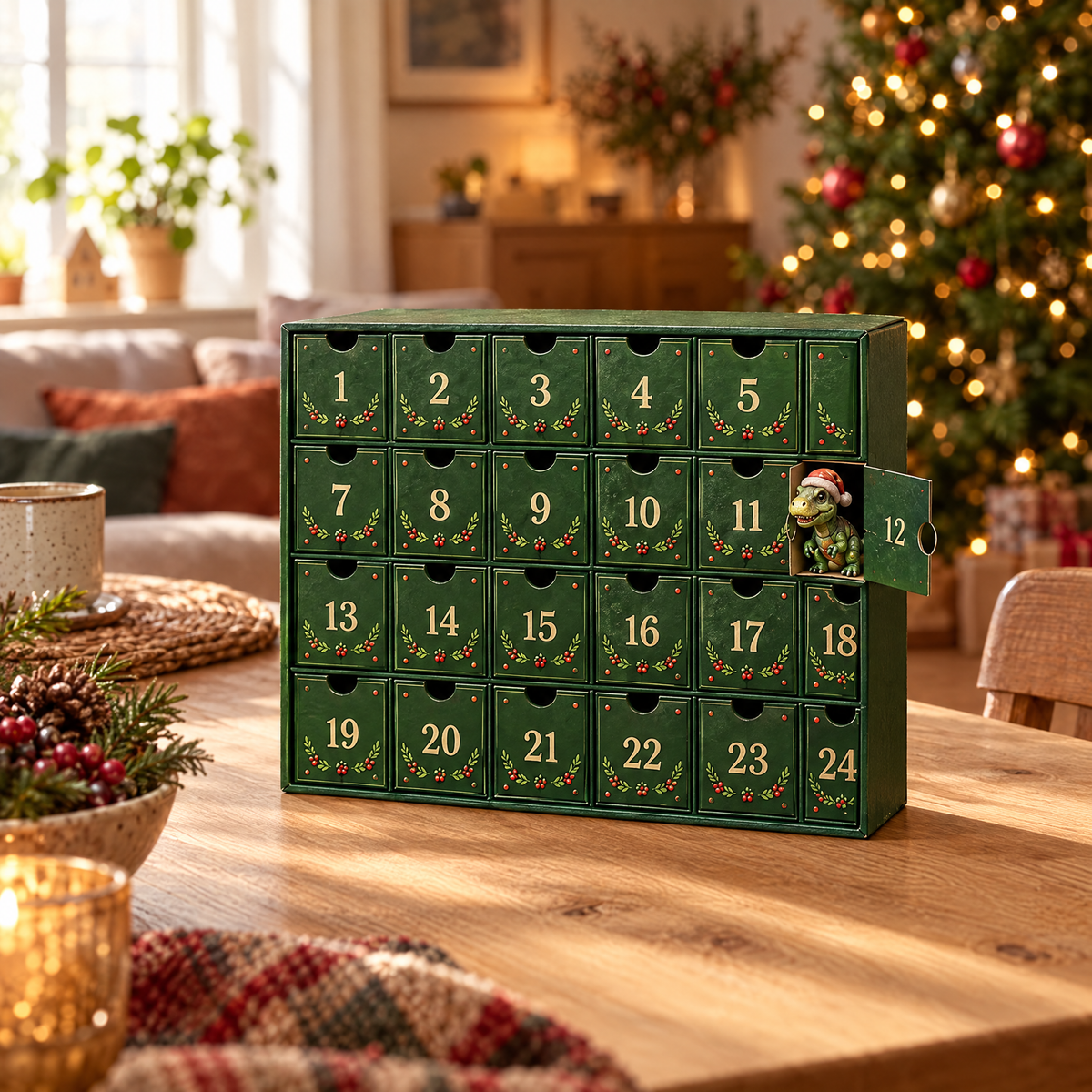 DinoDagen adventskalender met 24 genummerde deurtjes op een eettafel, deurtje 12 open met een dinosaurusje erin