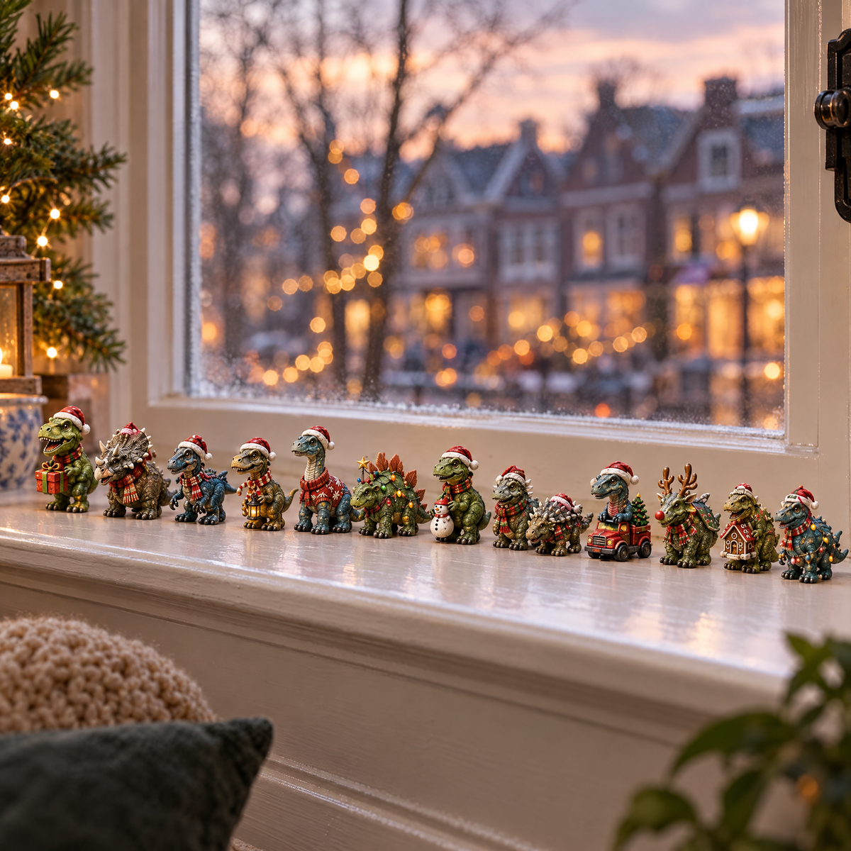 Rij verzamelde dinosaurusfiguurtjes met kerstmutsjes op een vensterbank