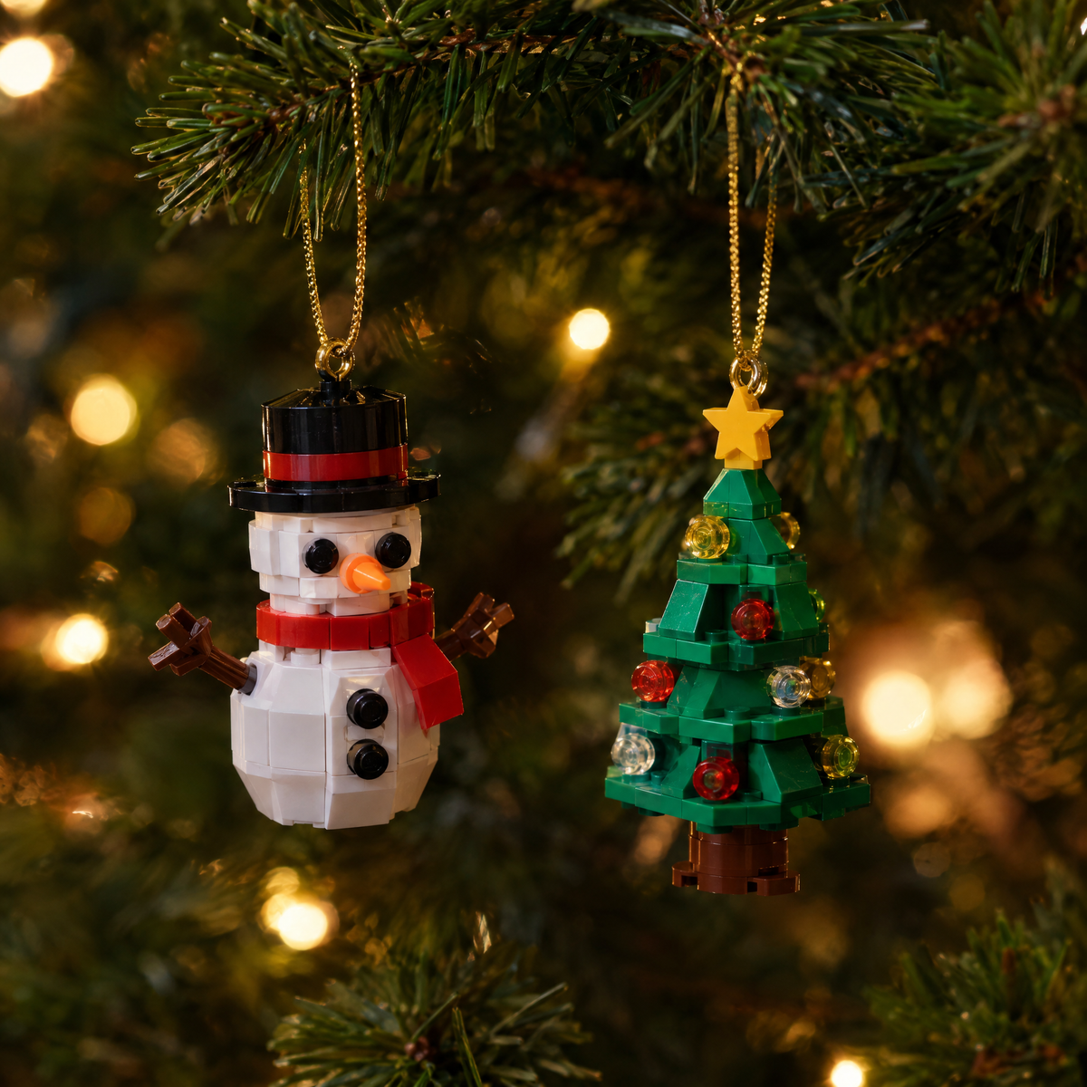 Zelfgebouwde sneeuwpop en kerstboompje van bouwsteentjes hangend in de kerstboom
