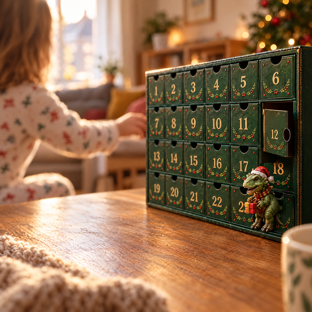 Kind in pyjama pakt een dinosaurusje uit een open deurtje van de DinoDagen adventskalender