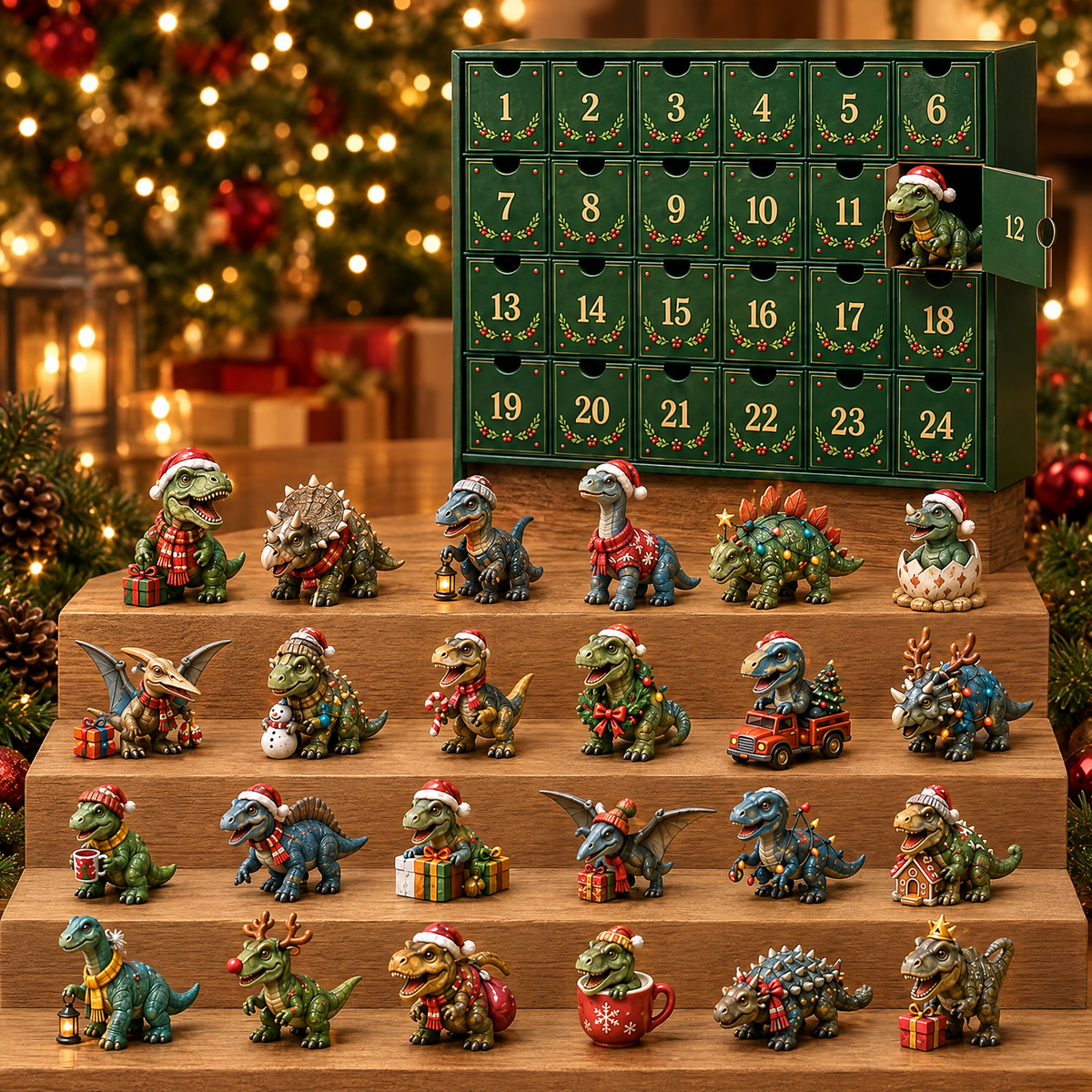 Alle 24 dinosaurusfiguurtjes van DinoDagen op houten traptreden voor de adventskalender
