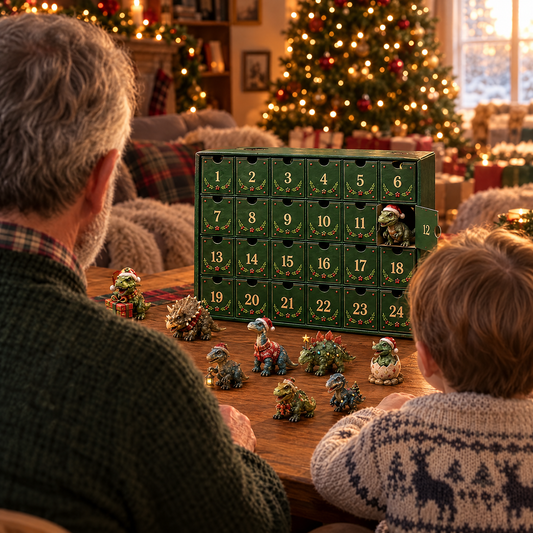 Opa en kleinkind aan tafel bij de DinoDagen adventskalender, van achteren gezien