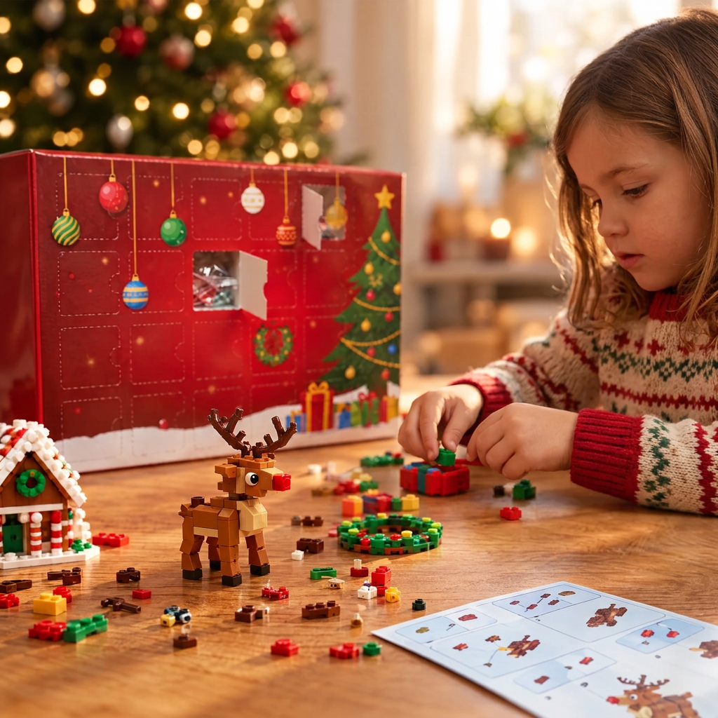 Kind bouwt aan een rendier van bouwsteentjes bij de rode BouwDagen adventskalender