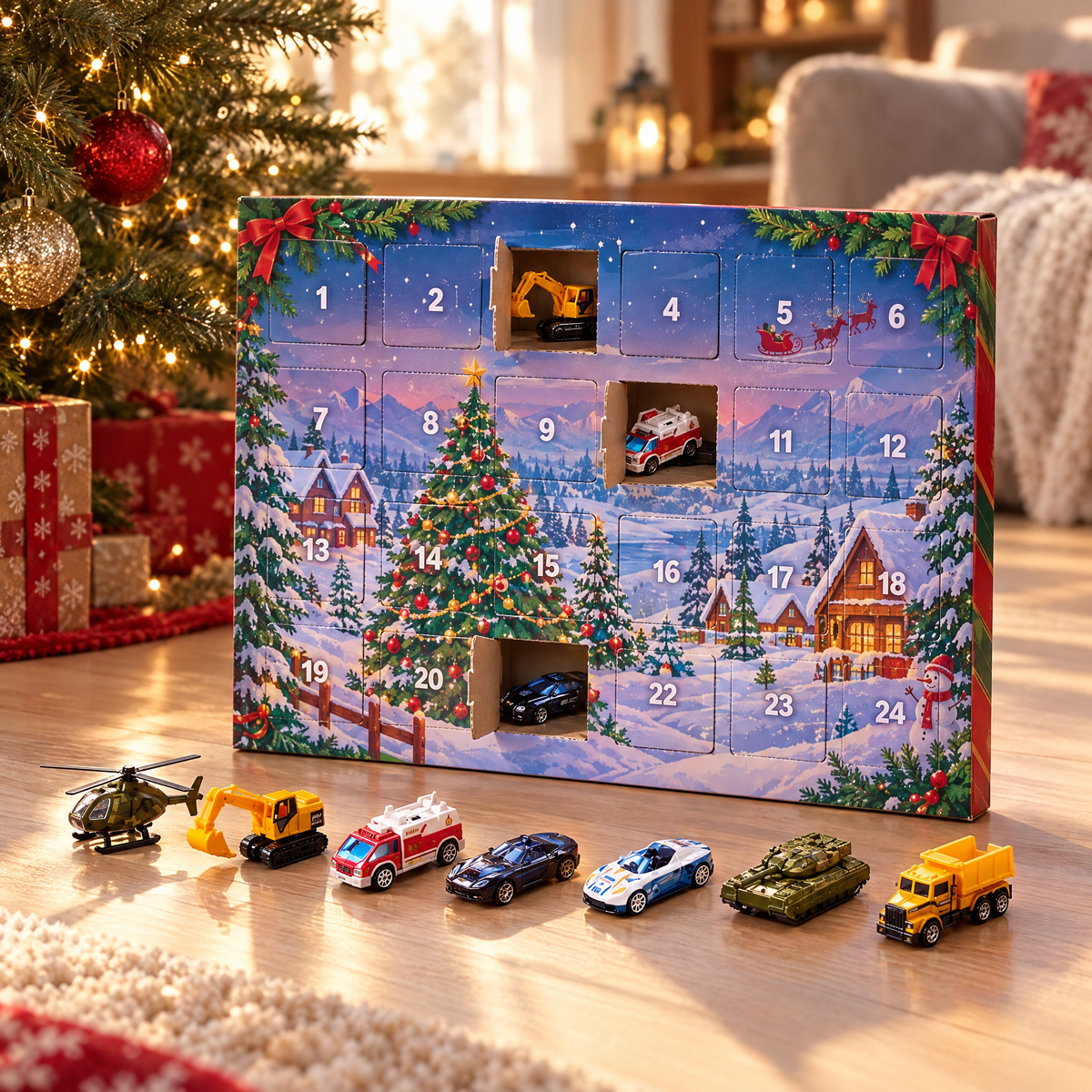 RaceDagen adventskalender op de vloer bij de kerstboom met zeven autootjes ervoor