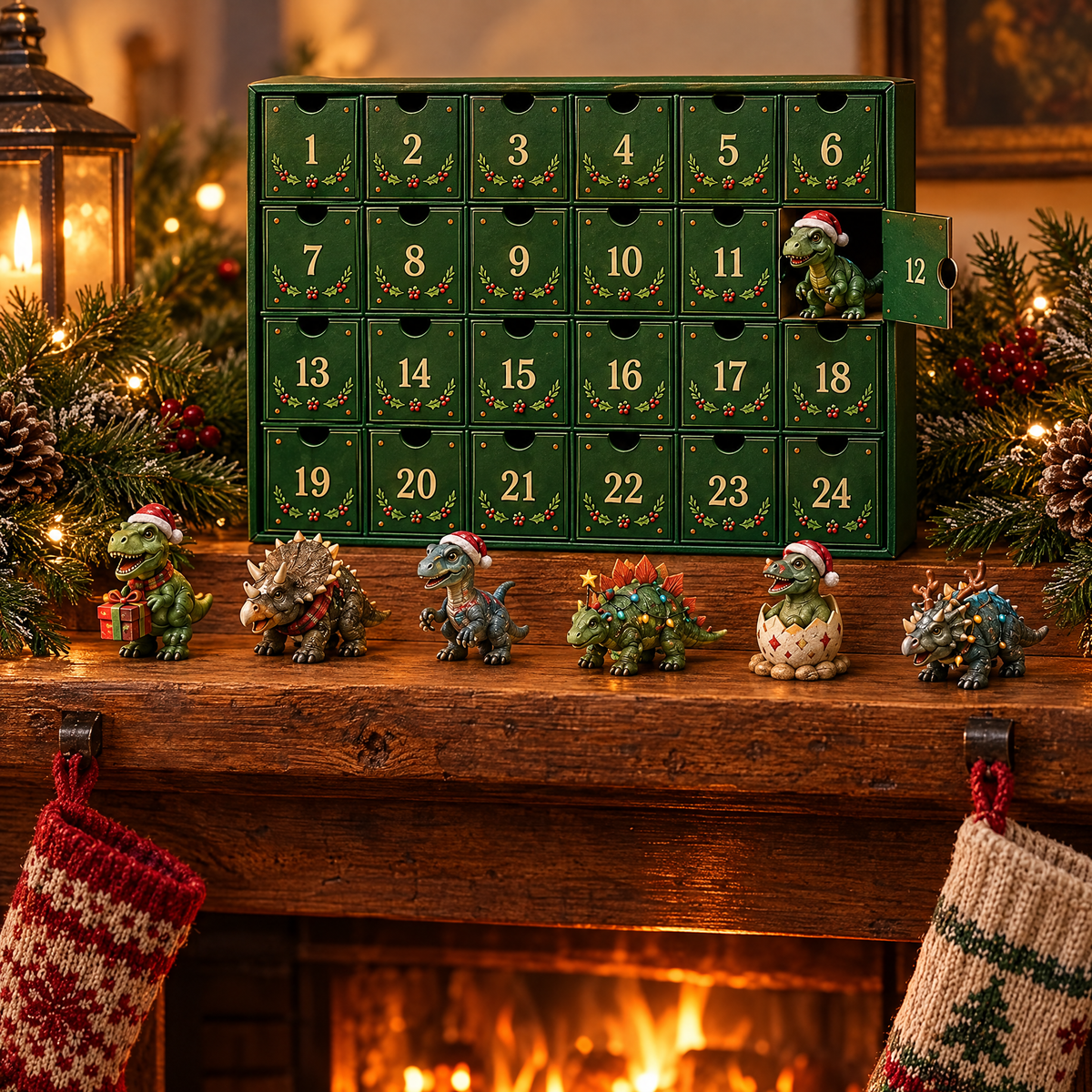 DinoDagen adventskalender op de schouw tussen kerstsokken, met zes dinosaurusjes ervoor