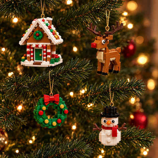 Vier zelfgebouwde kerstfiguren van bouwsteentjes hangend aan een kerstboomtak