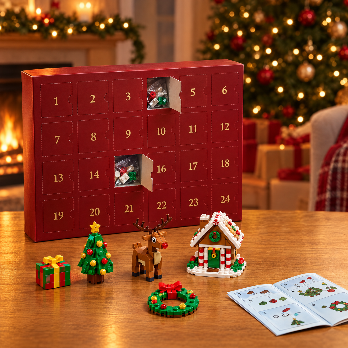 Rode BouwDagen adventskalender met 24 genummerde deurtjes en vijf afgebouwde kerstsetjes ervoor