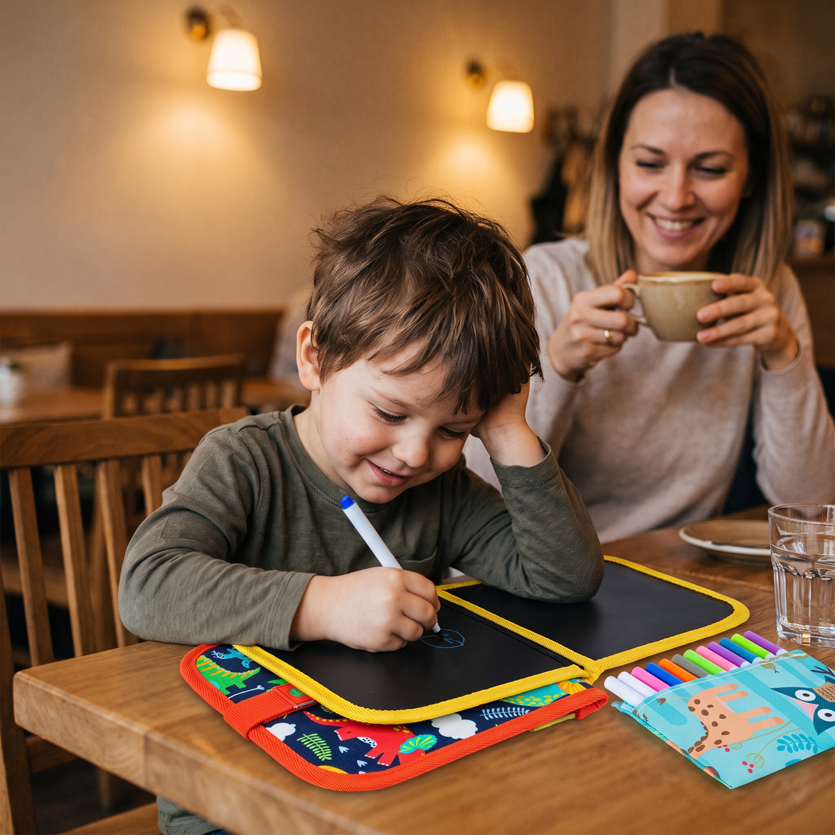 Jongetje tekent in het KrabbelBoek aan tafel, zijn moeder drinkt koffie