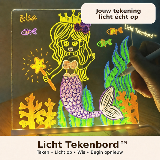 Oplichtende zeemeermin die met kleurstift op het Licht Tekenbord wordt getekend