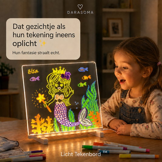Meisje kijkt verrast naar haar oplichtende zeemeermintekening op het Licht Tekenbord