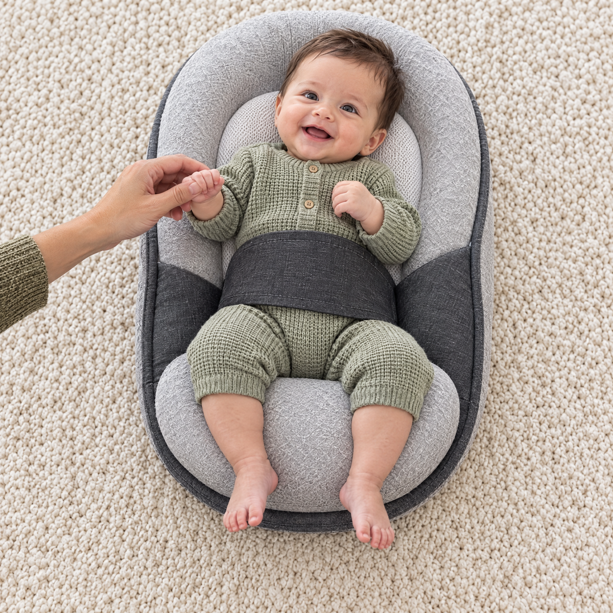 Lachende, wakkere baby in CloudCare van bovenaf, voetjes over de rand