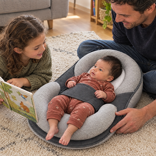 Grote zus leest voor aan de baby in CloudCare, papa zit ernaast