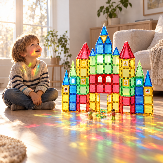 Kind kijkt naar een kasteel van doorzichtige magneettegels terwijl de zon er gekleurd doorheen valt