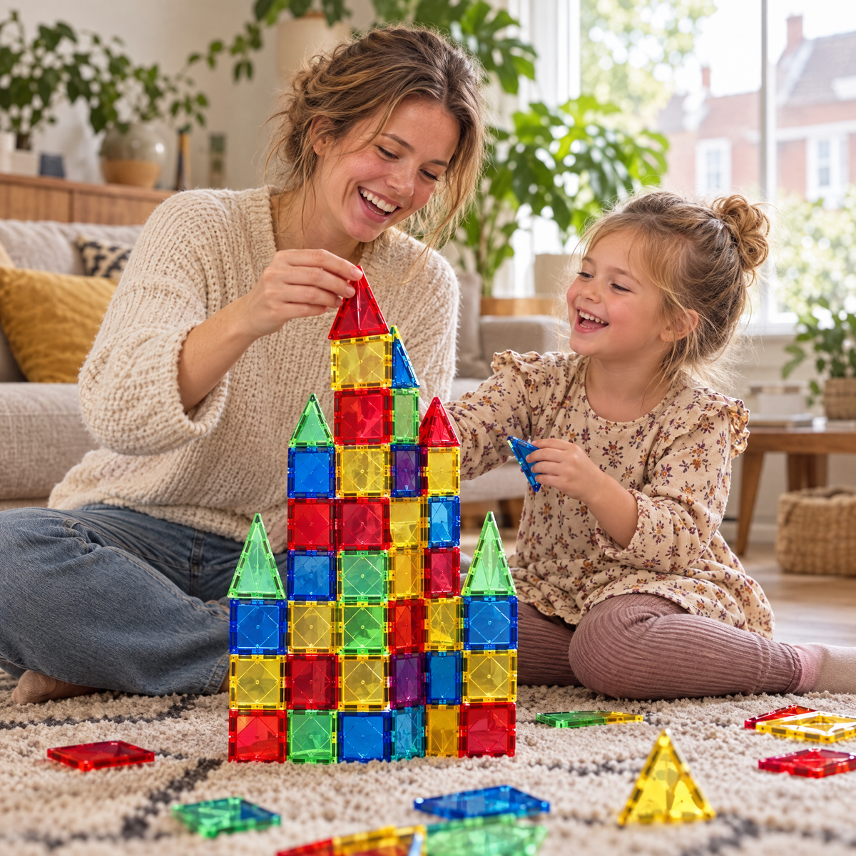 Moeder en dochter bouwen samen lachend een toren van magnetische bouwtegels