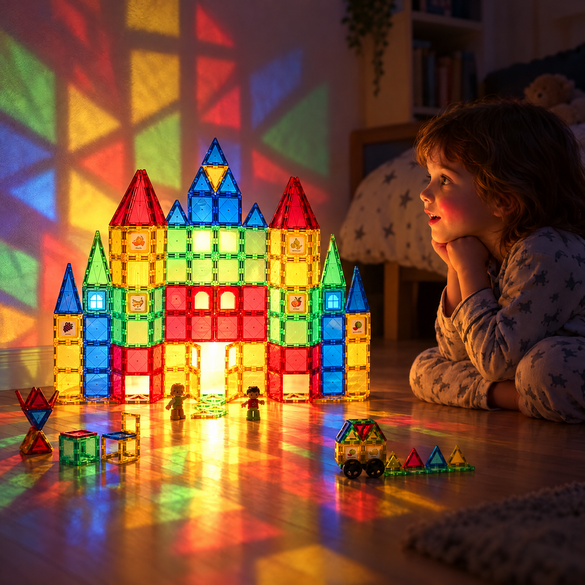 Lampje achter het bouwwerk werpt grote gekleurde vlakken op de muur van een slaapkamer