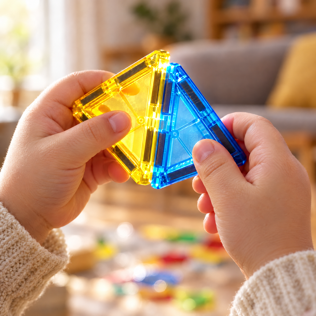 Kinderhanden klikken een gele en een blauwe tegel aan elkaar, de magneetstrips zijn zichtbaar