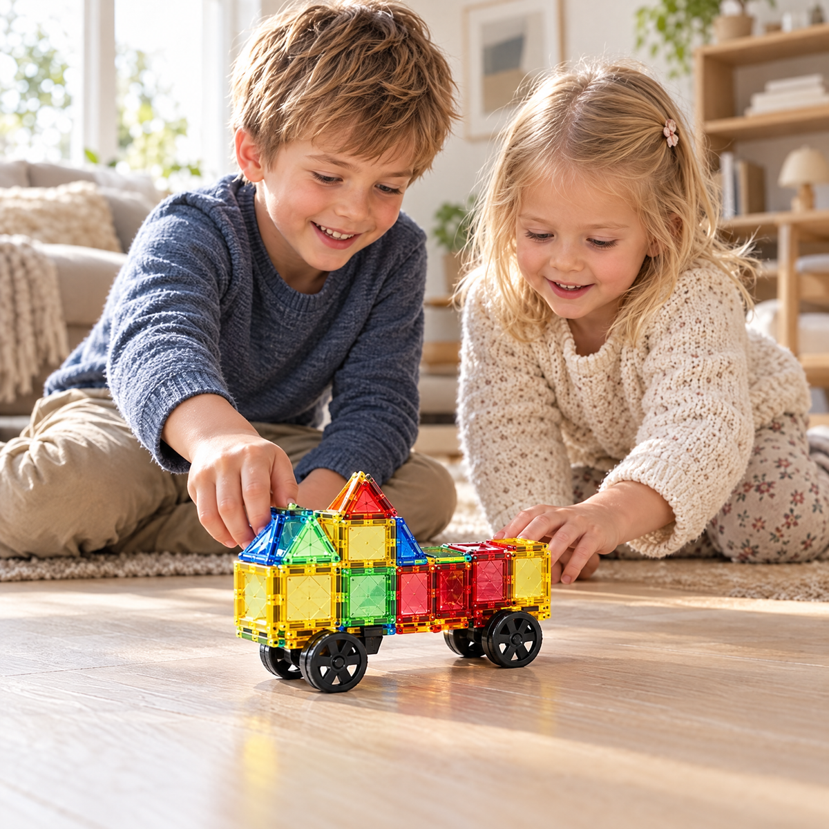 Twee kinderen rijden met een auto van magneettegels met wielen eronder over de vloer