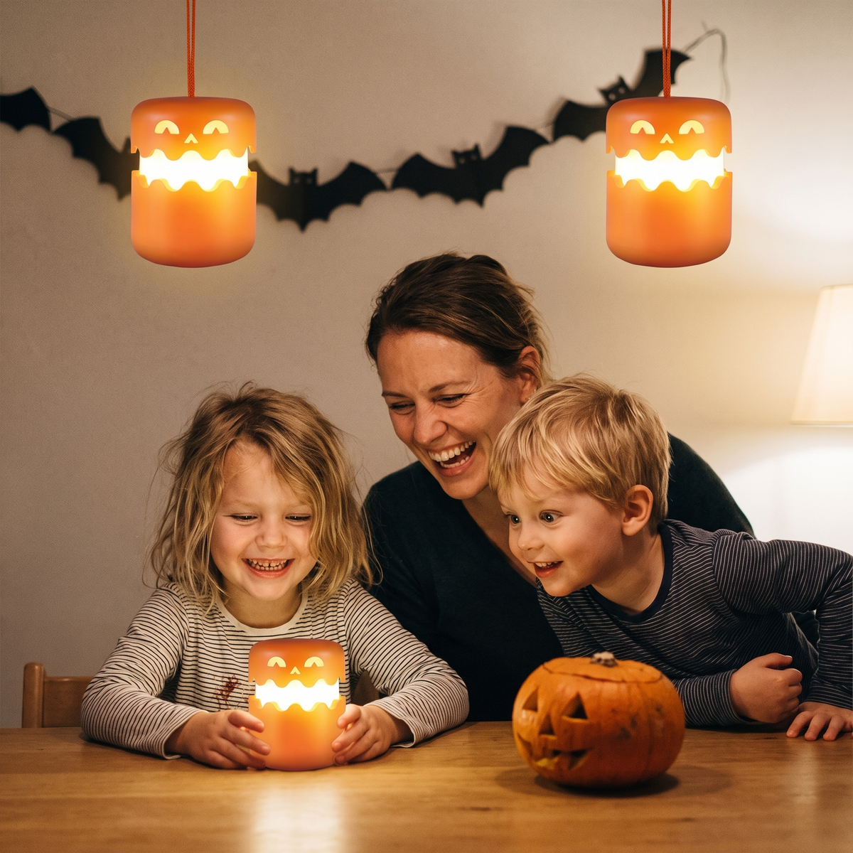 Moeder en twee kinderen lachen om de SpookLampion op tafel, twee andere hangen erboven