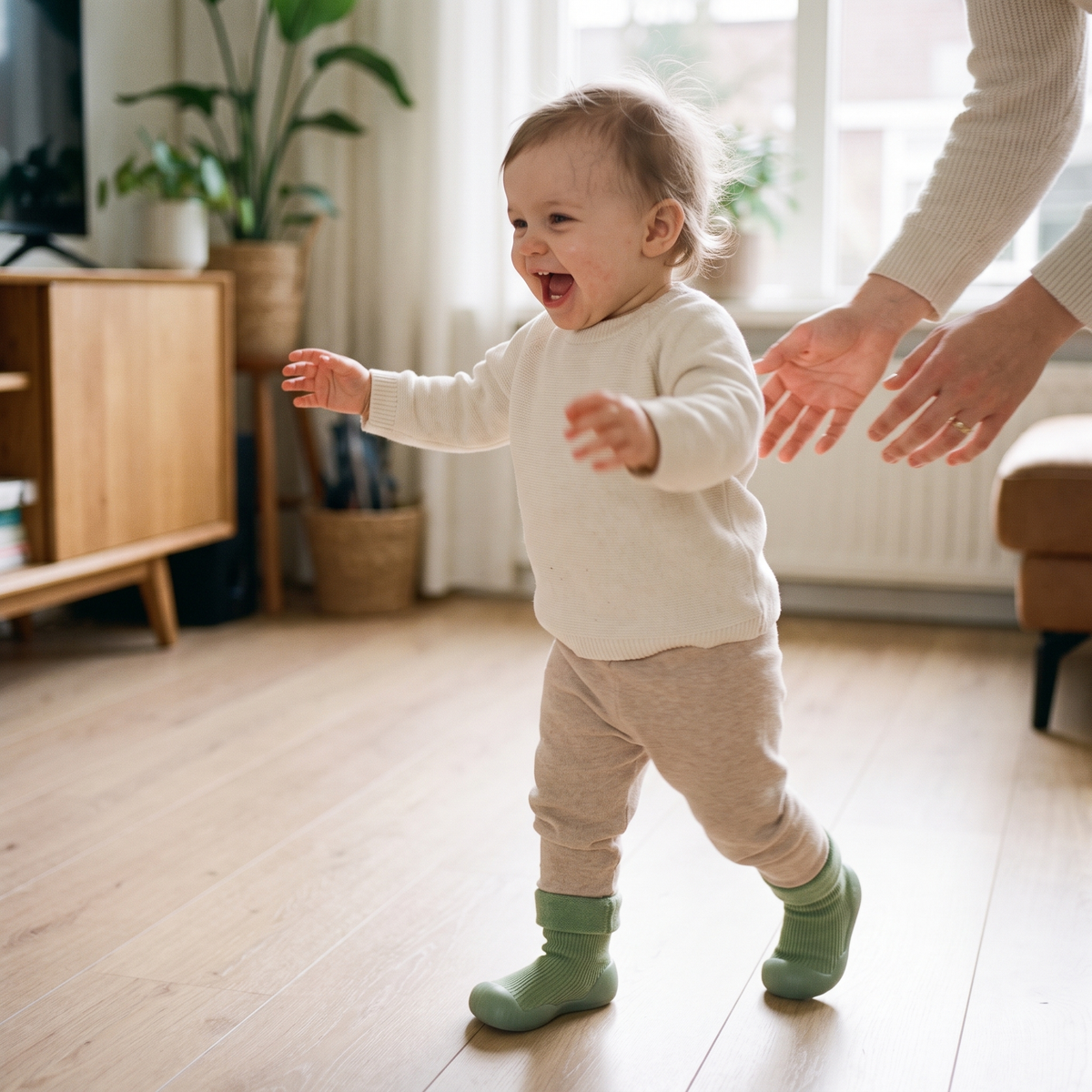 Peuter zet haar eerste stapjes op StapSokjes, met de handen van mama erbij